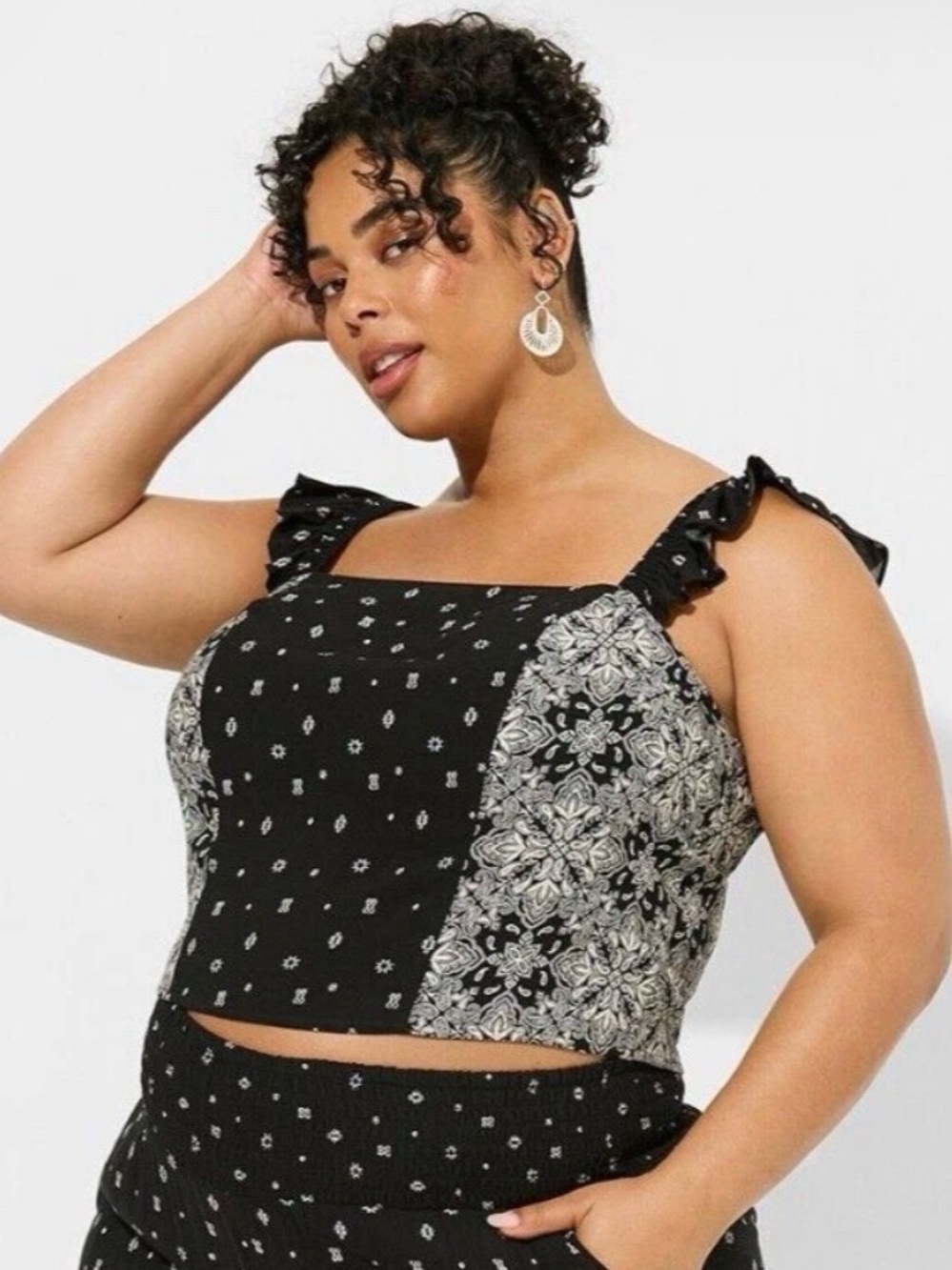 Torrid Black Printed Square-Neck Crop Top with Ruffle Straps